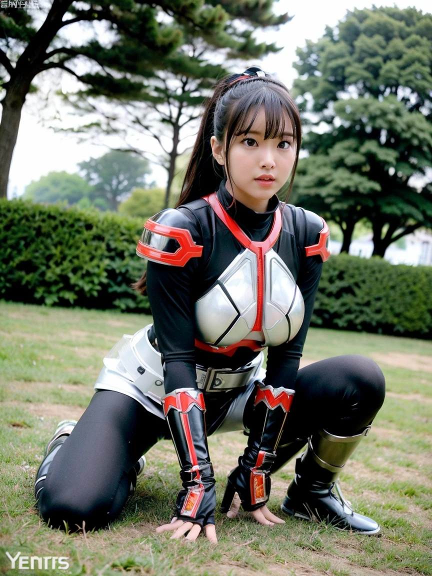 outdoors in the park((Hero Show))、（(Young、young、、Sentai Heroine:1.4))、((Cramped body armor plates、Tight rubber tights))、(pink、black)、 、Battle Scenes、（(Dynamic pose:1.4))、(Bursting breasts:1.1)、((Disproportionate breasts、Biggest perfect breasts: 1.1))、((Netorare: 1.4)), ((big nose ring)),curvy,