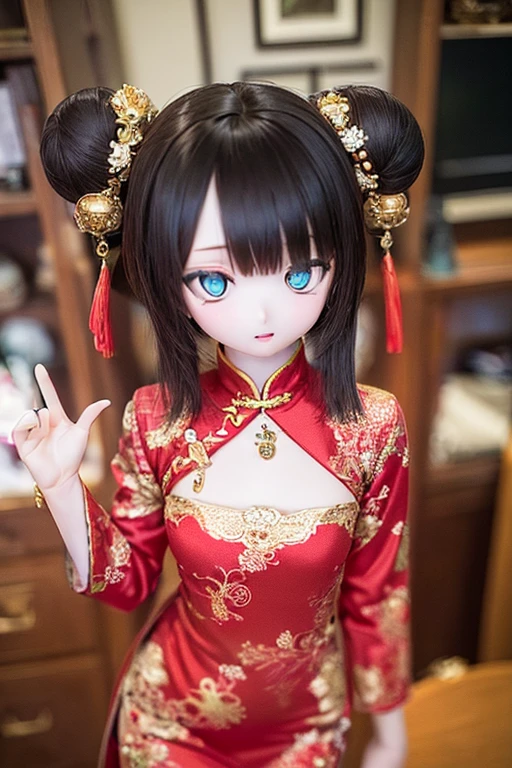 (SFW:2), photorealistic, realistic photo, 8k, ((highest quality)), ((masterpiece)), (extremely detailed), kukolnydom, doll, female, 20yo, 20 years old, solo, ((cowboy shot)), parted lips, green eyes, brown hair, double buns, (plastic skin, looking at another, glass eyes, shining eyes, detailed eyes, detailed face:1.3), china dress, qipao, chinese room