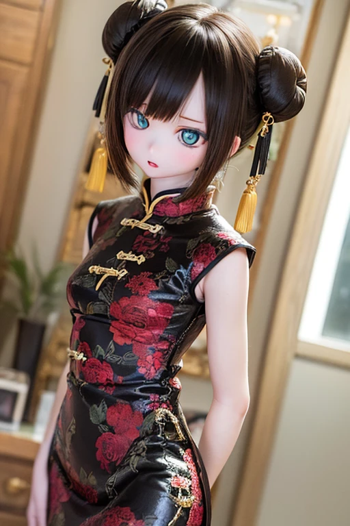 (SFW:2), photorealistic, realistic photo, 8k, ((highest quality)), ((masterpiece)), (extremely detailed), kukolnydom, doll, female, 20yo, 20 years old, solo, ((cowboy shot)), parted lips, green eyes, brown hair, double buns, (plastic skin, looking at another, glass eyes, shining eyes, detailed eyes, detailed face:1.3), china dress, qipao, chinese room