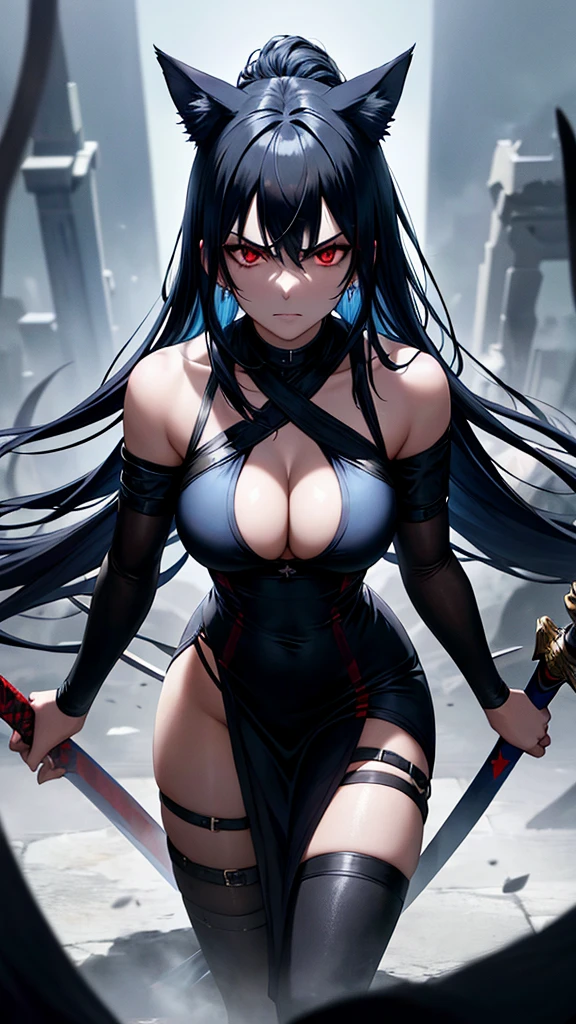 An adult woman, half wolf, black and blue hair, black ears, shining red eyes, wearing a black and blue dress, very angry, wide breasts, holding a sword