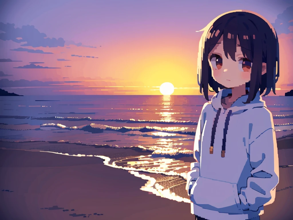 Sunset on the seaside road，A -yeld giis looking at the camera with a reluctant look，Pixel style，Wearing a sweatshirt with his hands in his pockets, standing sideways，Upper Body，在镜头中的构图较为小且Located in the lower right corner of the camera，The lens is wide-angle and atmospheric，Located in the lower right corner of the camera