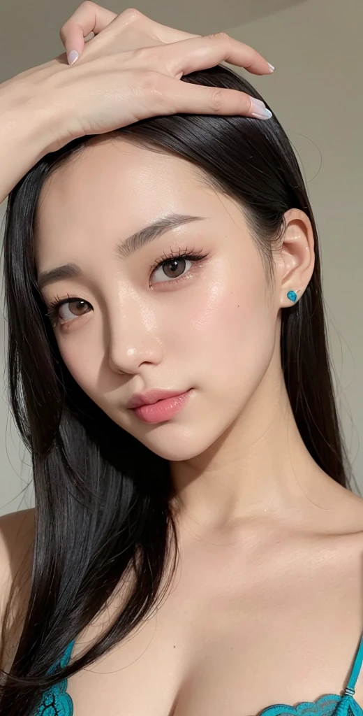 top-quality、masterpiece、hight resolution、Black hair、Turquoise hair inside、BREAK、A slight smil、frontage、1 Female solo、beautiful shadow、Dazzling light、well-muscled、Complicated piercing of ears、Well-formed face、Hyper Detail、Colossal 、beautifuldetails、Delicate、lingerie transparent、Wipe sweat、Reddish eyeshadow、Reddish eyelashes