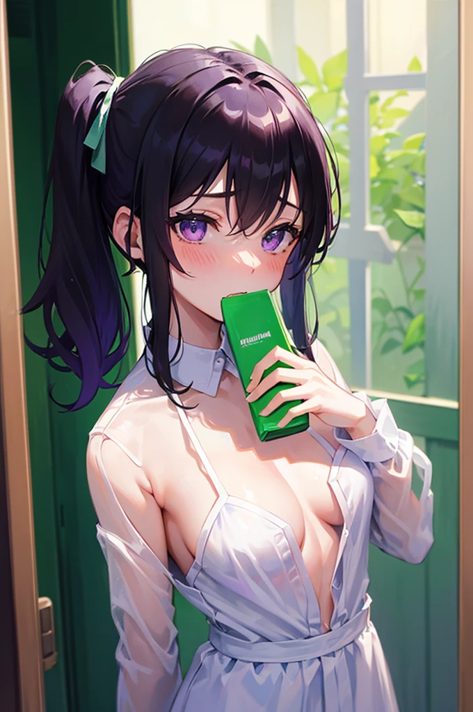 Green underwear、Random Pause、Selfie、Show milk、Blushing、Black Hair、Side Ponytail、Pale purple eyes、blush、nsfw、Perfect move、Fine hand、Women&#39;s locker room、Embarrassed look、