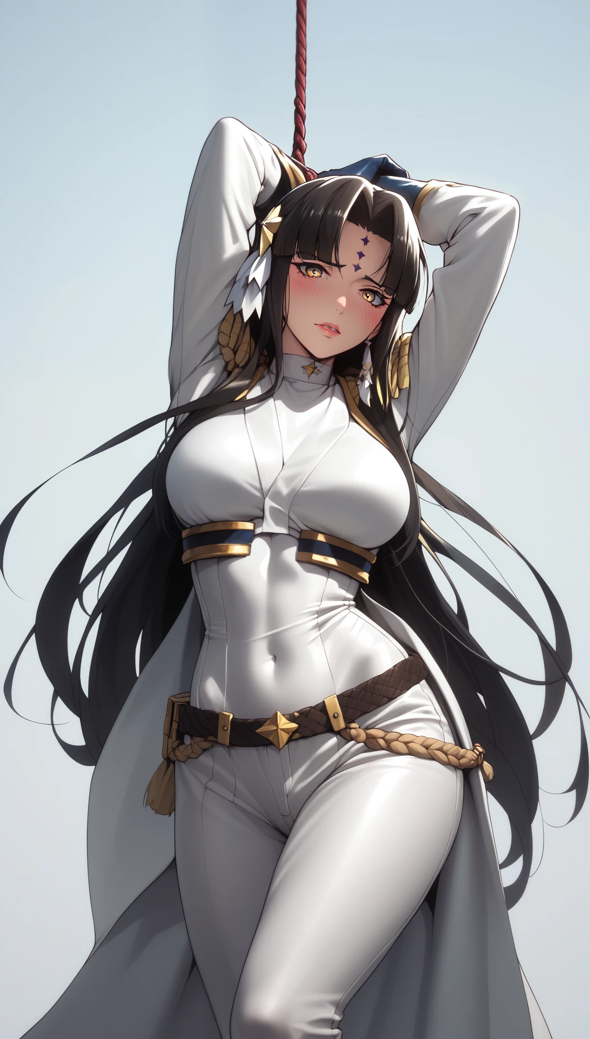 (asura art style:0.7), score_9, score_8_up, score_7_up, score_6_up, uncensored, michiko tanaka, long hair, black hair, hair ornament, forehead mark, yellow eyes, BREAK (masterpiece:1.2), best quality, high resolution, (detailed eyes:1.3), perfect lighting, (perfect hands, perfect anatomy), medium breasts, bodysuit, black_gloves, solo, blush, embarrassed, drunk, clenched teeth, lips, belt, looking_at_viewer, bound, arms_up, rope, fingerless_gloves, covered_navel, gasping, heavy breathing, shaded face,