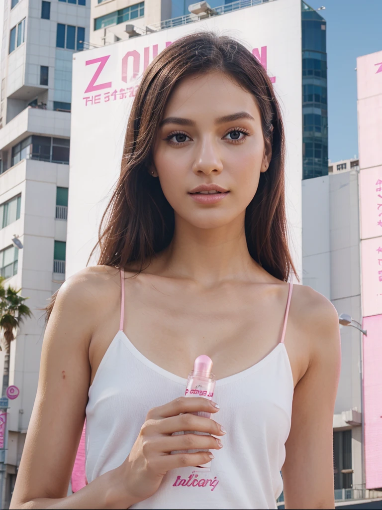 a billboard of perfume advertisement with z logo, with soft pink and white color