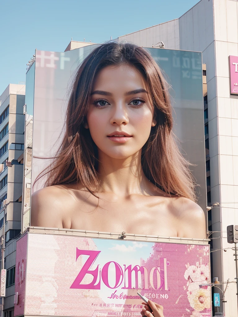 a billboard of perfume advertisement with z logo, with soft pink and white color