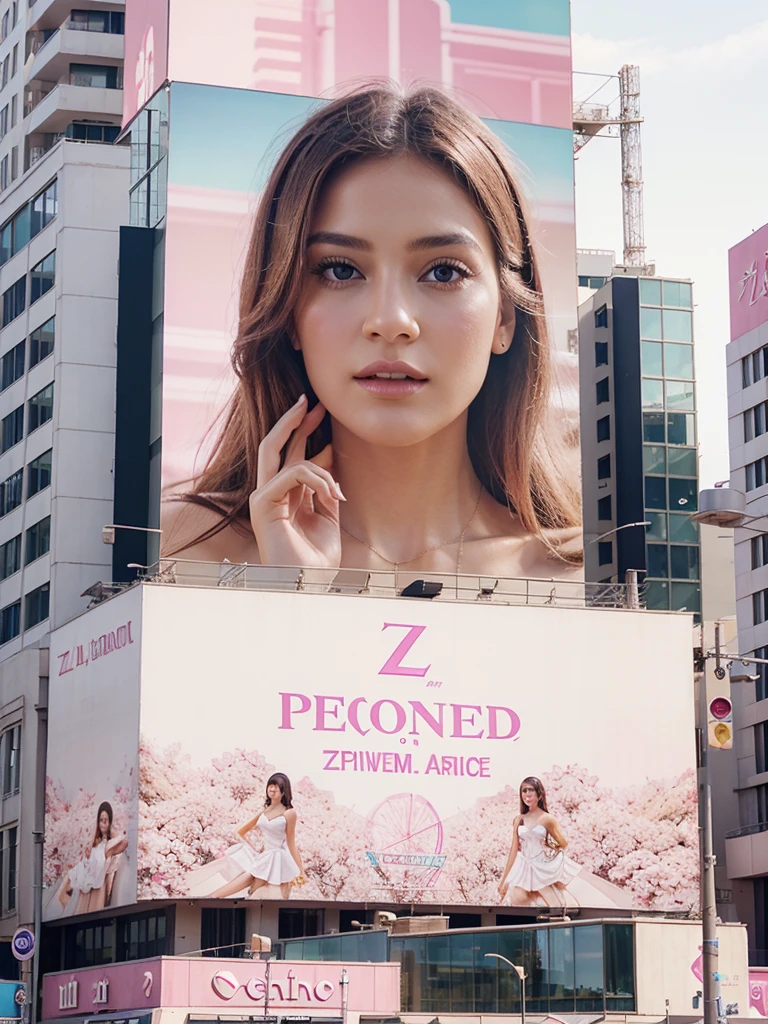 a billboard of perfume advertisement with z logo, with soft pink and white color