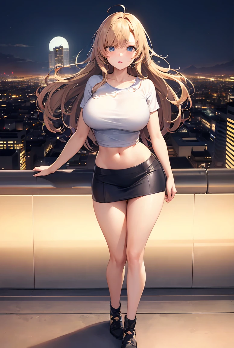 ((Best quality, 8K, masterpiece:1.3)), Anime girl, full body, very large breasts:1.6, large butt:1.9, wide hips:1.3, narrow waist:1.2, slender long legs, long wavy light brown hair:1.2, large expressive blue eyes:1.2, long eyelashes, navy blue mini skirt:1. 2, tight white t-shirt, standing against a night city background, bright neon lights:1.3, modern buildings, street with people, highly detailed skin and facial texture, detailed eyes, view of night city from a rooftop:1.3, moon in the sky, windy night, slightly dishevelled hair.