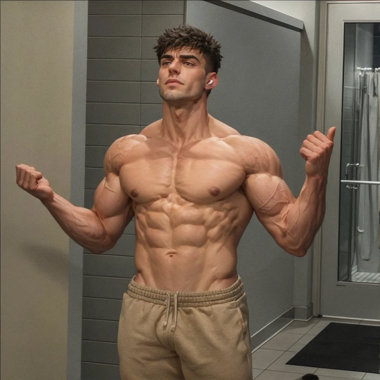 a huge muscular alpha male bodybuilder with extremely large and defined muscles, ripped abs, veiny arms, broad shoulders, posing shirtless in an industrial gym environment, dramatic studio lighting, ultra-detailed, photorealistic, hyper-realistic, 8k, award-winning, highly detailed, intricate, cinematic, dramatic atmosphere, chiaroscuro lighting, striking pose, muscular physique, powerful, intimidating, commanding presence