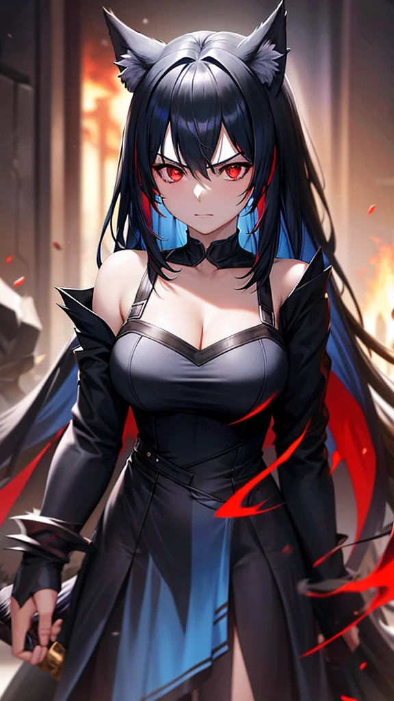 An adult woman, half wolf, black and blue hair, black ears, shining red eyes, wearing a black and blue dress, very angry, wide breasts, holding a sword