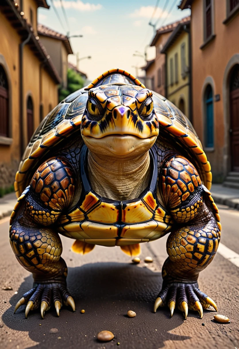 a close up shot on a ((anthmorph turtle: 1.5)) sprinter in a running lane getting ready to sprint in the Olympics, tense look, getting ready to sprint, (best detailed face: 1.3), lean muscled body, sweat beads on forehead, (wearing athletic shirt, pants and sneakers: 1.2), (anatomically correct: 1.4), (full body shot: 1.1) , vibrant, Ultra-high resolution, High Contrast, (masterpiece:1.5), highest quality, Best aesthetics), best details, best quality, highres, ultra wide angle, 16k, [ultra detailed], masterpiece, best quality, (extremely detailed), Cinematic Hollywood Film, Anthro... woman