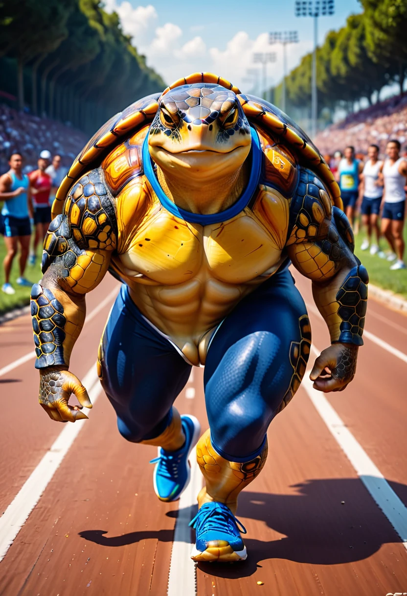 a close up shot on a ((anthmorph turtle: 1.5)) sprinter in a running lane getting ready to sprint in the Olympics, tense look, getting ready to sprint, (best detailed face: 1.3), lean muscled body, sweat beads on forehead, (wearing athletic shirt, pants and sneakers: 1.2), (anatomically correct: 1.4), (full body shot: 1.1) , vibrant, Ultra-high resolution, High Contrast, (masterpiece:1.5), highest quality, Best aesthetics), best details, best quality, highres, ultra wide angle, 16k, [ultra detailed], masterpiece, best quality, (extremely detailed), Cinematic Hollywood Film, Anthro... woman