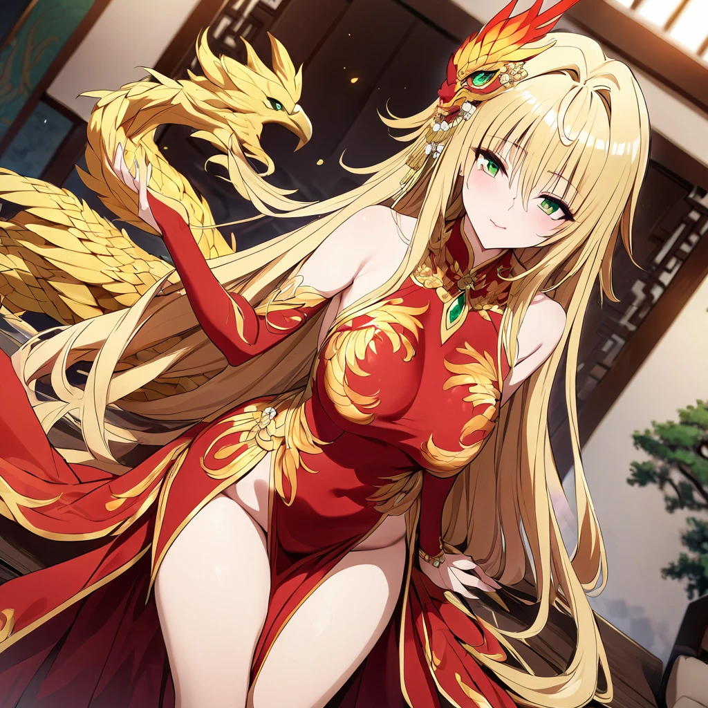 ((Highest quality)), ((masterpiece)), (detailed), (Perfect Face)、In a Chinese palace, a woman is wearing a gorgeous and glittering red dragon and phoenix costume with a lot of gold embroidery by a Chinese tiare, a gorgeous hair ornament, gorgeous jeweled accessories, and an engagement ring.、The woman is an elegant Chinese tiare with green eyes and medium-long blonde hair. She is wearing a luxurious dragon and phoenix suit with gorgeous gold embroidery all over it.