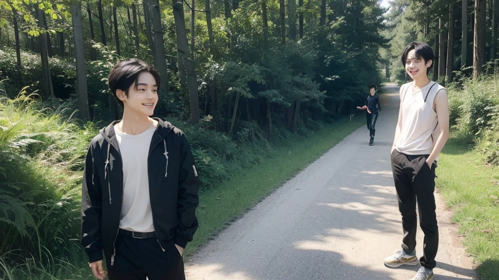 Emma Watson and a young Adult Chinese male in full body shot is standing in the forest smiling with road and grass at the land and looking at the camera. They are wearing hiking clothes
