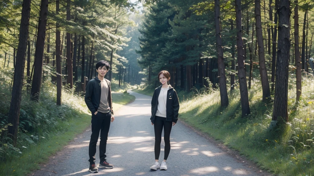 Emma Watson and a young Adult Chinese male in full body shot is standing in the forest smiling with road and grass at the land and looking at the camera. They are wearing hiking clothes
