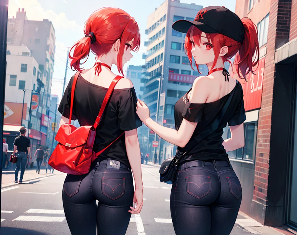 (Close-up:1.3),Realistic,Highest quality, Ultra Detail, High-quality CG rendering, The most delicate and beautiful, Floating softly, High resolution, (1 girl), (Highest quality,4K,8K,masterpiece:1.2),(All red hair:1.5), (ponytail:1.5),(Red eyes:1.5),(Slightly larger breasts:1.2 (All black T-shirt:1.3),(Black skinny jeans:1.3),(Black baseball cap:1.3),(Pitch black choker:1.3),(In the city,old buildings,(Turn your back to your audience:1.3),Butt,Are standing,(Small shoulder bag:1.3),smile
