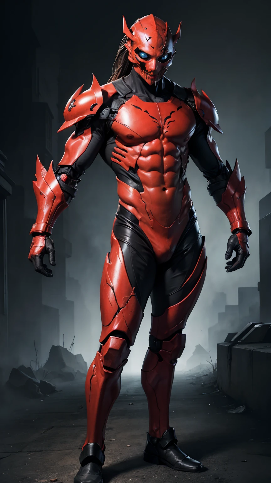 a portrait of Megan fox as armored carnage, (red carnage skinless muscular bio-mecha armor:1.25), (mouth wide open, carnage style:1.25), (full body view:1.25), Realistic, Very detailed face and eyes, (masterpiece:1.1), (beautiful girl face:1.45)