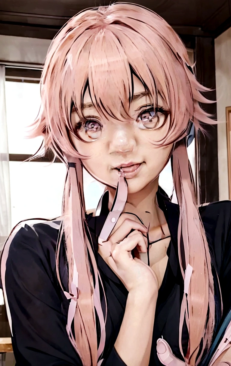 anime girl with pink hair and pink eyes holding a cell phone, gasai yuno, cute anime girl portraits, anime visual of a cute girl, extremely cute anime girl face, pink twintail hair and cyan eyes, gasai yuno, detailed portrait of anime girl, mirai nikki, fine details. Mirai nikki, from girls frontline, seductive anime girl