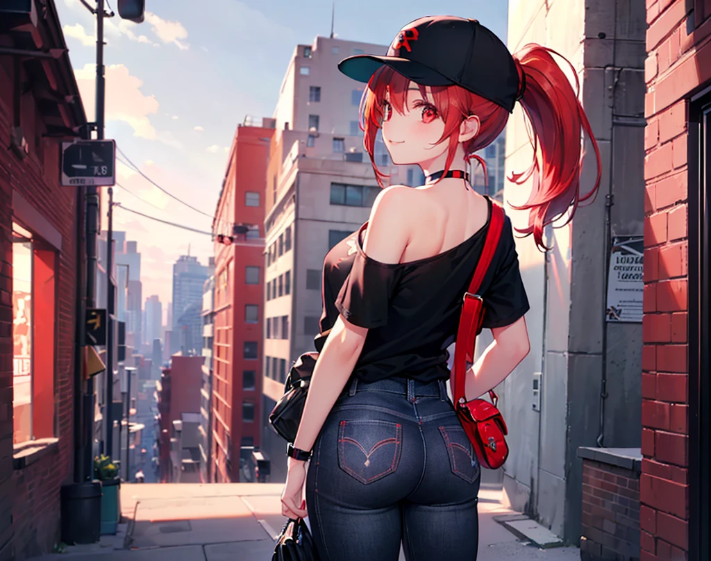 (Close-up:1.3),Realistic,Highest quality, Ultra Detail, High-quality CG rendering, The most delicate and beautiful, Floating softly, High resolution, (1 girl), (Highest quality,4K,8K,masterpiece:1.2),(All red hair:1.5), (ponytail:1.5),(Red eyes:1.5),(Slightly larger breasts:1.2 (All black T-shirt:1.3),(Black skinny jeans:1.3),(Black baseball cap:1.3),(Pitch black choker:1.3),(In the city,old buildings,(Turn your back to your audience:1.3),Butt,Are standing,(Small shoulder bag:1.3),smile