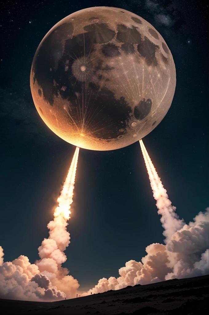 Create a realistic thumbnail for a YouTube video featuring Chandrayaan-3. The image should include the Moon prominently in the background, a rocket launching towards the Moon, and Chandrayaan-3 in space. The overall composition should be dynamic and visually appealing, with vibrant colors and realistic details."