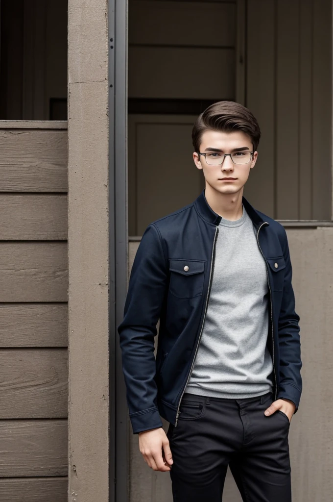 Generate an image of a well-built 17-year-old Russian male, 5'10" tall, wearing glasses. He has short, dark hair, a serious expression, and is dressed in casual but neat clothing.