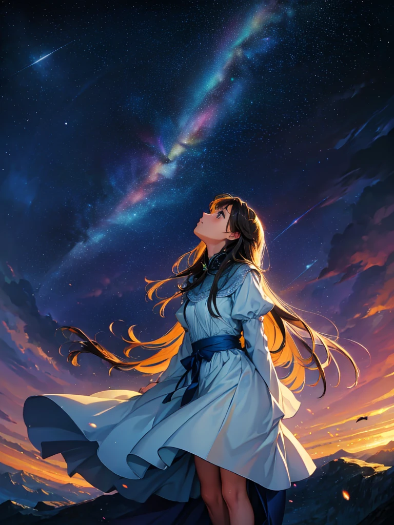 a beautiful woman, looking up at the sky, long hair, wearing a knee-length dress, fluttering in the breeze, before dawn, starry skies, The Big Dipper shines, spectacular views