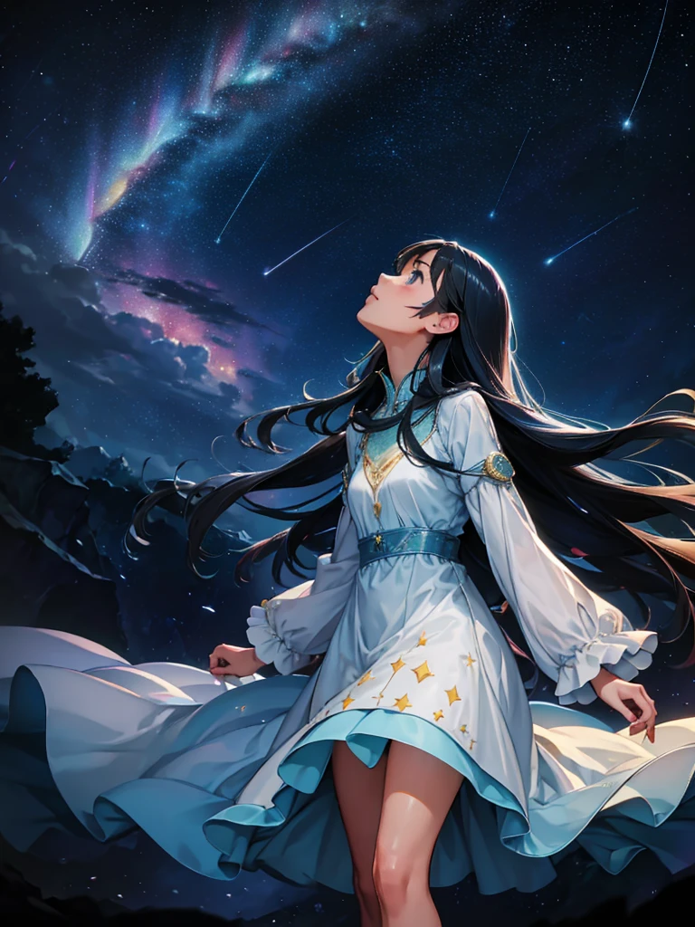 a beautiful woman, looking up at the sky, long hair, wearing a knee-length dress, fluttering in the breeze, before dawn, starry skies, The Big Dipper shines, spectacular views