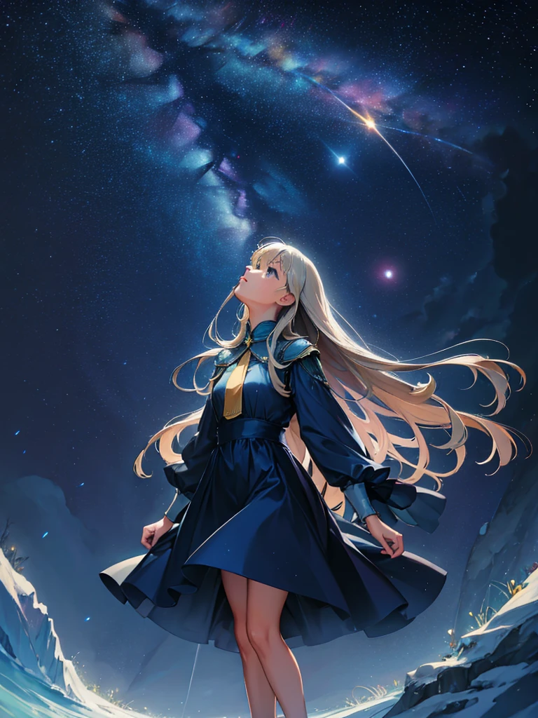 a beautiful woman, looking up at the sky, long hair, wearing a knee-length dress, fluttering in the breeze, before dawn, starry skies, The Big Dipper shines, spectacular views