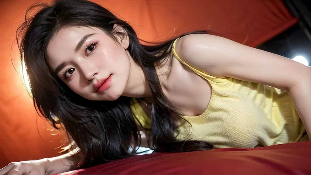 high-definition images, atmospheric perspective, 8k, super detail, accurate, best quality, angle from below, studio portraits shoot ,a woman,drooping eyes, sleepy face, blush, in the studio, model for photoshoot, posing , studio scene, dark , flashlight on , ((bo bc hair)), Red flag yellow star background with studio scene
