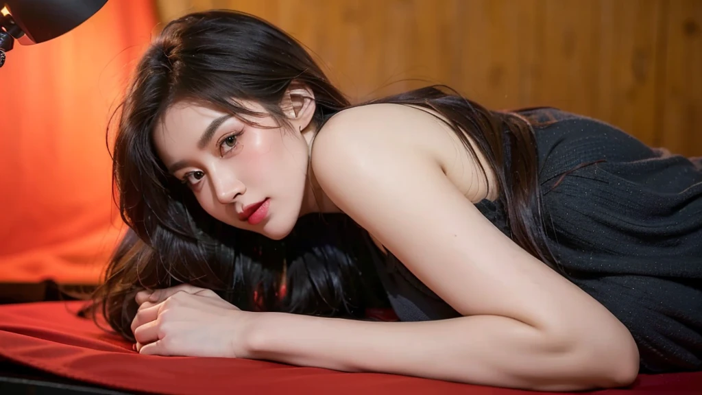 high-definition images, atmospheric perspective, 8k, super detail, accurate, best quality, angle from below, studio portraits shoot ,a woman,drooping eyes, sleepy face, blush, in the studio, model for photoshoot, posing , studio scene, dark , flashlight on , ((bo bc hair)), Red flag yellow star background with studio scene