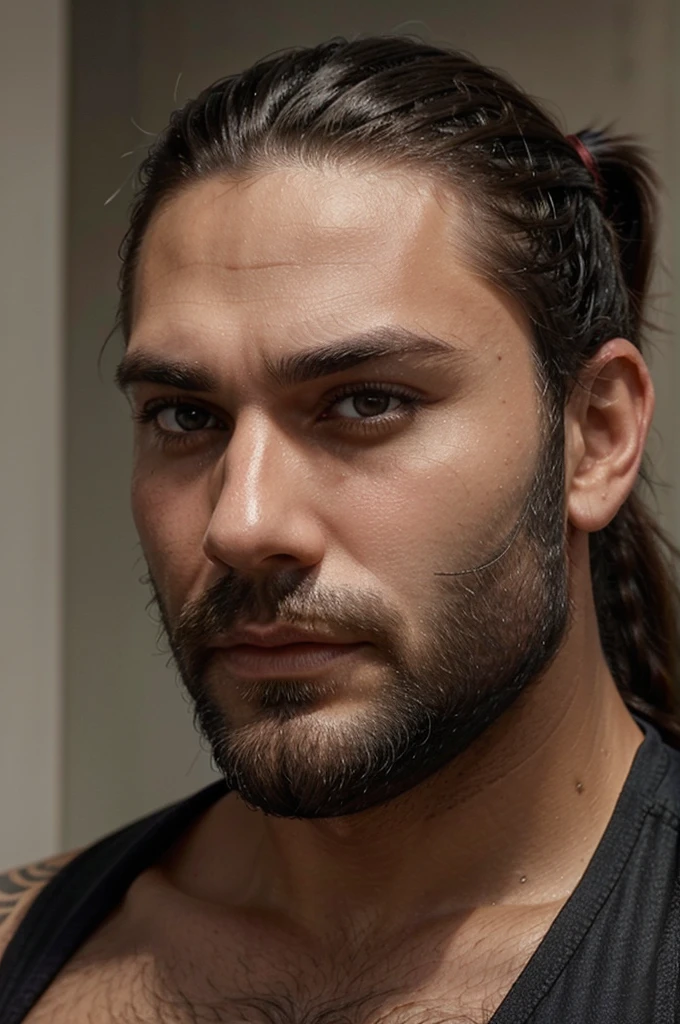 Close-up of the face of a very masculine and muscular man with thick dark beard, dark eyes, long hair pulled back into a high ponytail, side shave. extremely realistic.