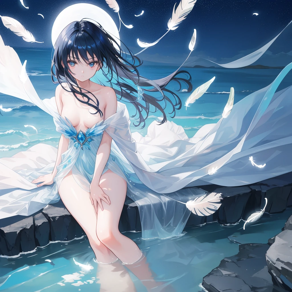 ((A long shot)) of a black haired anime  girl, (sitting near a (river), ((strong sunlight)), cinematic light, slim body, skin is perfectly healthy, soft, and smooth, Extremely delicate and beautiful CG illustration, best quality, high resolution, dynamic angle, full-length lens, (1 girl), floating, soft light, high-key lighting), glowing light, blue halo, feathers fluttering background, blue crystal, ((very cinematic)), ((half naked))