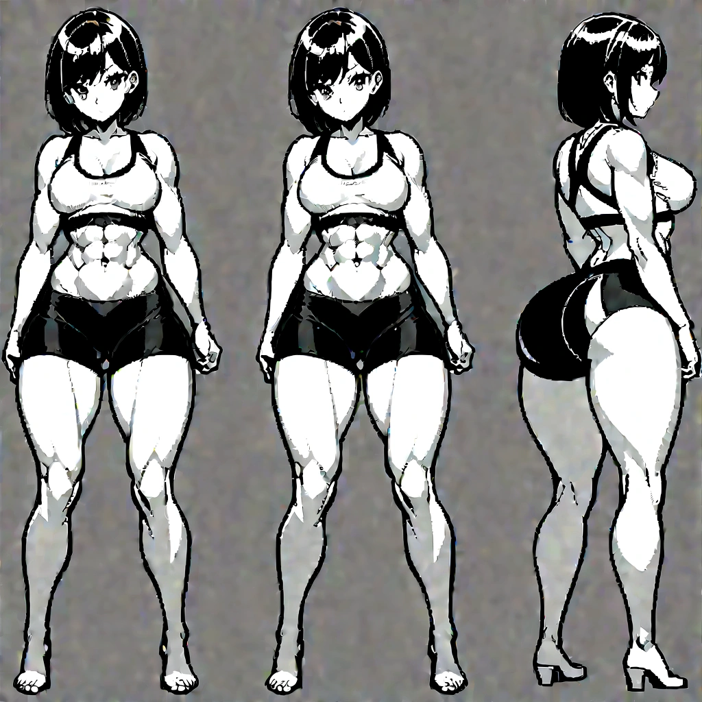 1girl,squatting,legs spread apart, front view, bike shorts, sports bra, sprite sheet, consistency, looking at viewer, lineart, monochrome, muscular abs girl, (thin waist), ((curvy)), ((wide hips)), short black hair, sexy, muscular thighs, full body