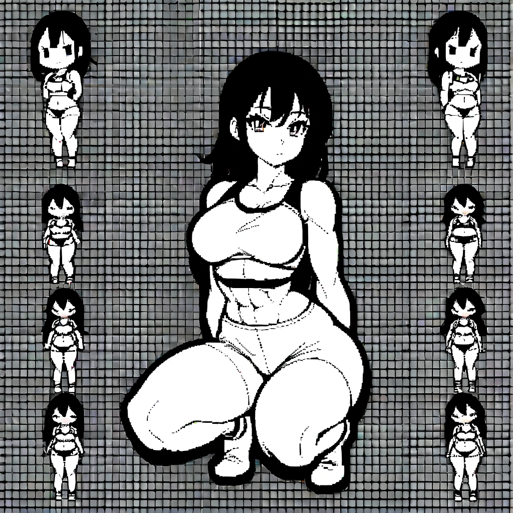 1girl,squatting,legs spread apart, front view, bike shorts, sports bra, sprite sheet, consistency, looking at viewer, lineart, monochrome, muscular abs girl, (thin waist), ((curvy)), ((wide hips)), short black hair, sexy, muscular thighs, full body