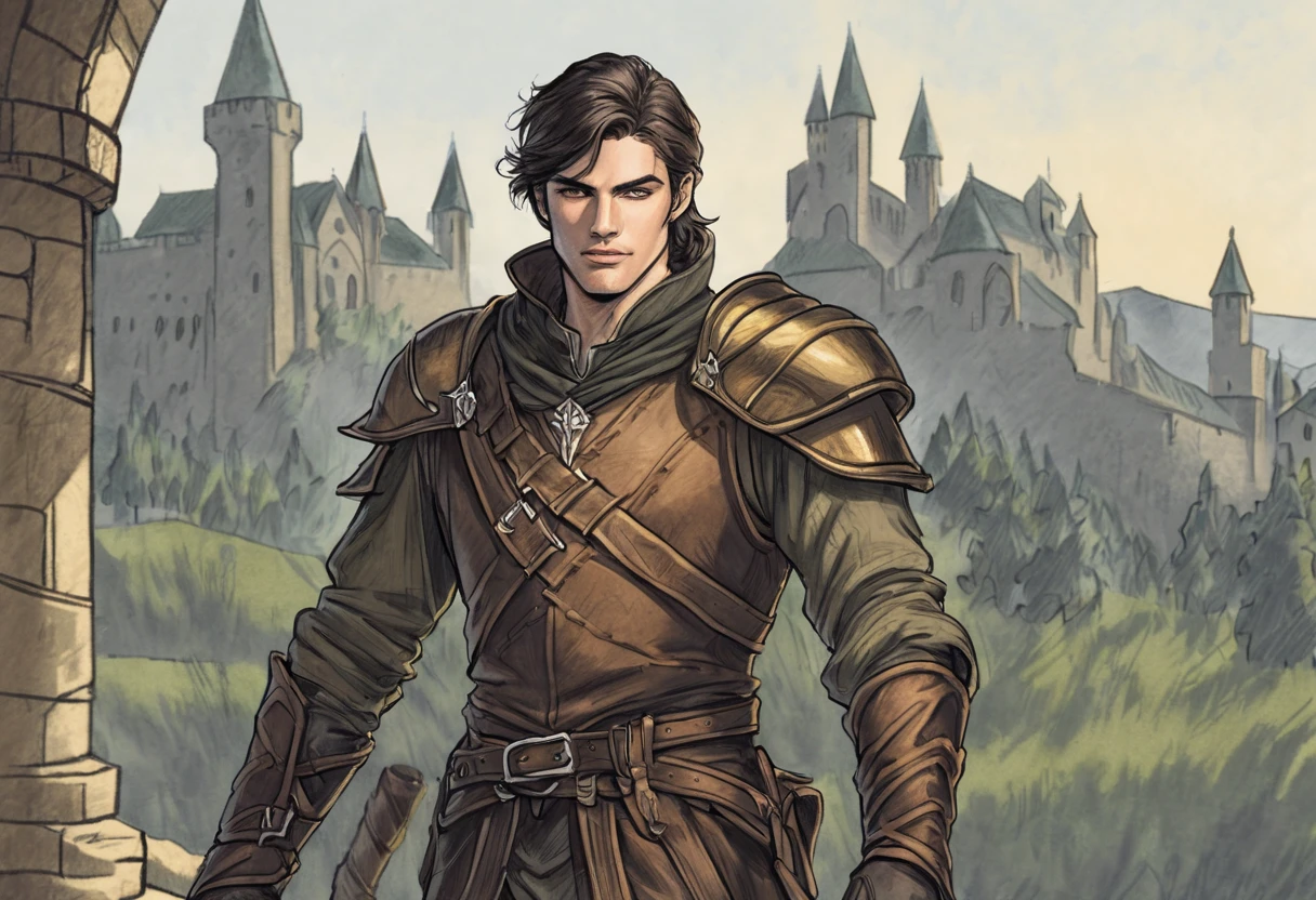 colored pencils, pictorial \(styled\), male rogue from the Elder Scrolls series, trunk, portraite, short dark hair,  brown leather armor, simple shoulder pad, black leather boots in a medieval European landscape, Dynamic shading, extremely detaild, light and dark colors, golden color eye, light green skin color,