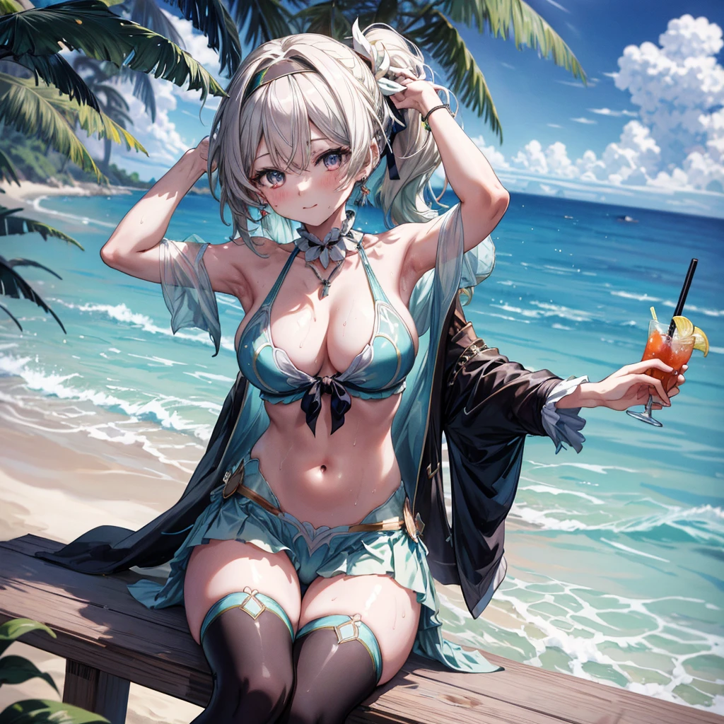 ((Highest quality)), ((masterpiece)), ((detailed)), (4K), an anime drawn sexy girl on the beach by water with tropical drink, 1girl, breasts, 独奏, swimsuit, 比基尼, armpits, looking at viewer, mouth hold, cleavage, single thighhigh, arms up, navel, lightgreen 比基尼, large breasts, long hair, lightblown hair, ponytail, jewelry, sitting, necklace, hairband, thighhighs, tying hair, sweat, wet
