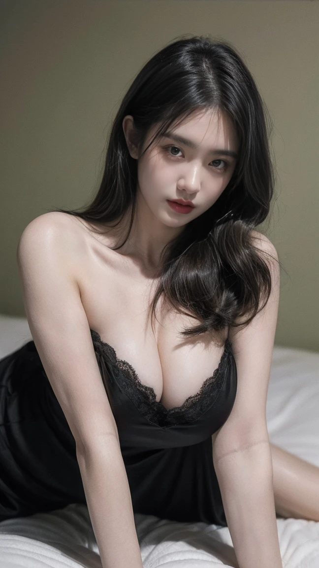 Best quality, masterpiece, ultra high res, photorealistic:1.5, raw photo, 1 girl, green hair, black oversize t-shirts, off-shoulders, cleavage, show shoulders, deep shadow, low key, cold light, look, bob hair, big breast: 1.3, show big thigh, plump body, (crawl pose on the bed), white lace panties