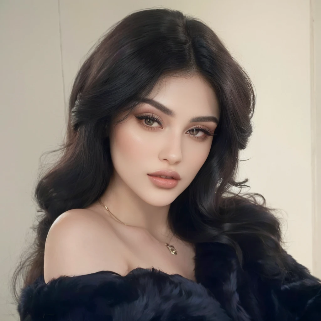Araffe woman with long dark hair wearing a black fur coat., Beautiful woman iraní, pale skin persian girl, foto de una beautiful woman, Beautiful woman árabe, portrait of Haifa Wehbe, Beautiful woman hermosa, black hair and big eyes, extremely beautiful face, Perfect face ), Beautiful woman, Lovely woman, beautiful woman, Beautiful image