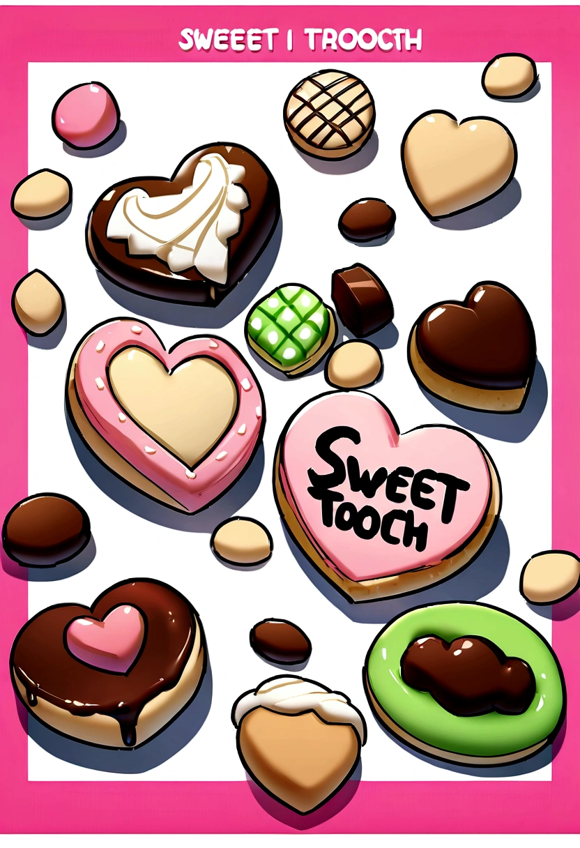 the text that is written "sweet tooth" in the shape of a cookie and chocolate with a pink border and chocolate browns spread all over the place relismo white background