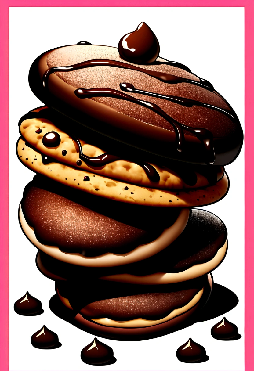 the text that is written "sweet tooth" in the shape of a cookie and chocolate with a pink border and chocolate browns spread all over the place relismo white background