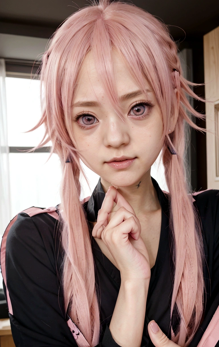 anime girl with pink hair and pink eyes holding a cell phone, gasai yuno, cute anime girl portraits, anime visual of a cute girl, extremely cute anime girl face, pink twintail hair and cyan eyes, gasai yuno, detailed portrait of anime girl, mirai nikki, fine details. Mirai nikki, from girls frontline, seductive anime girl