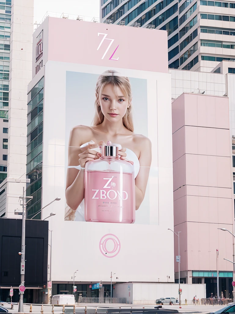 a billboard of perfume with “z” logo, with soft pink and white color