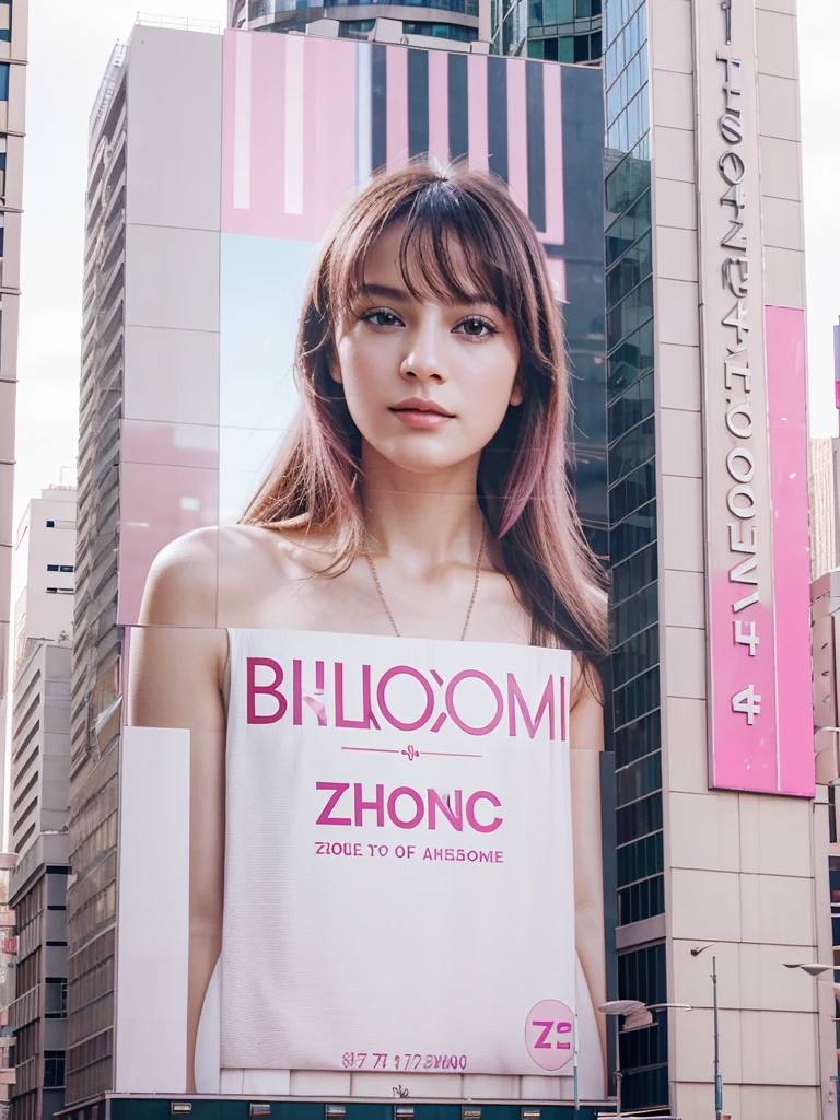 a billboard of perfume with “z” logo, with soft pink and white color