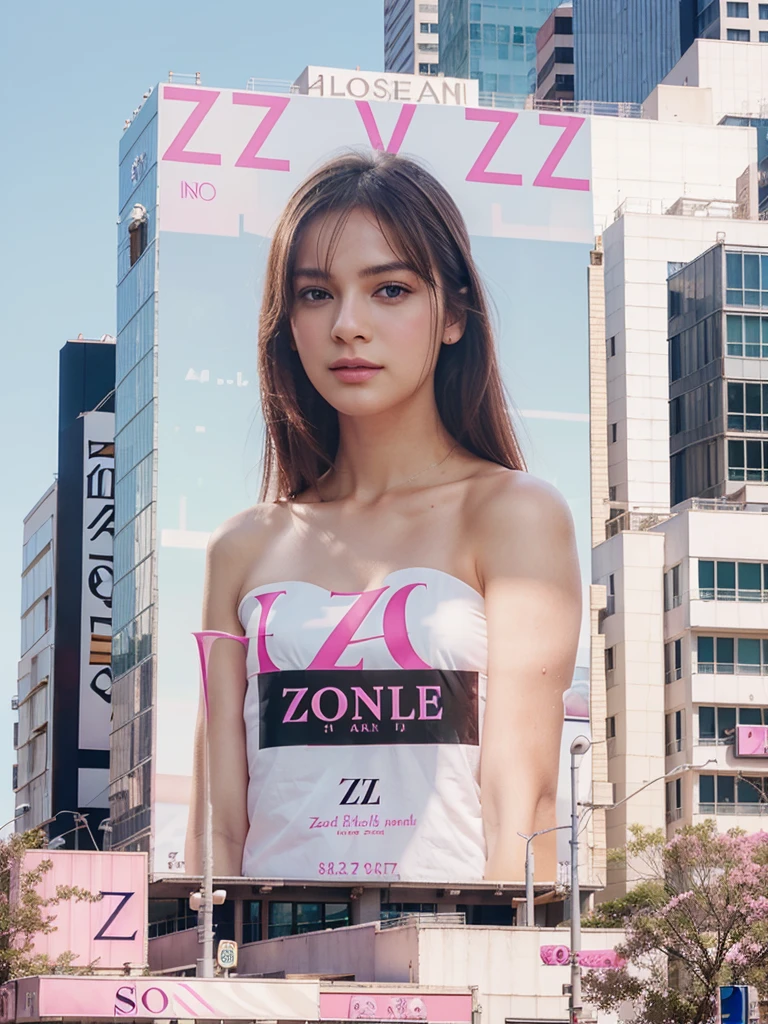 a billboard of perfume with “z” logo, with soft pink and white color