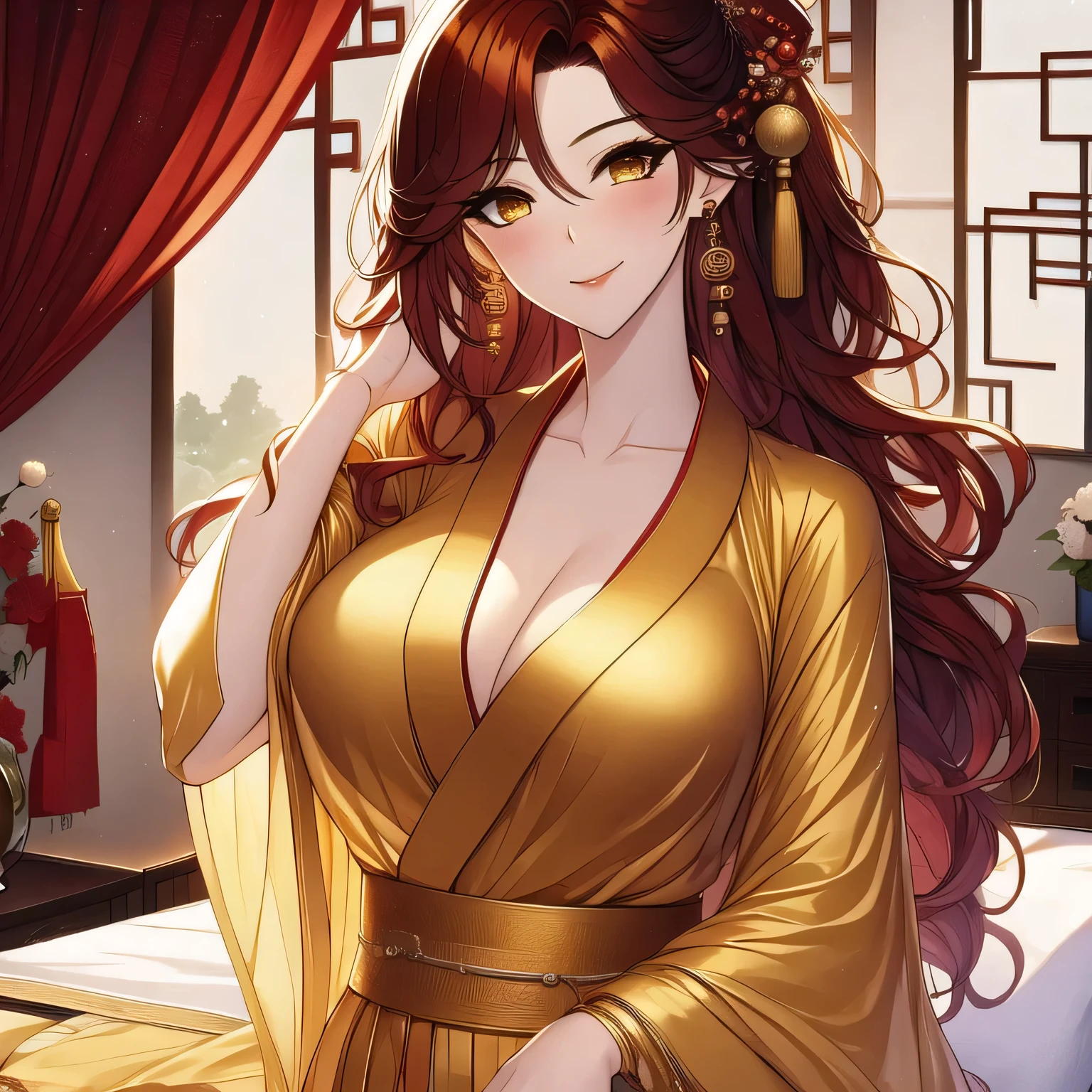 (masterpiece, best quality:1.2), 1women, xian mei, solo golden eyes, long red curly hair, jewellery, perfect anatomy, chinese traditional room, , nude,