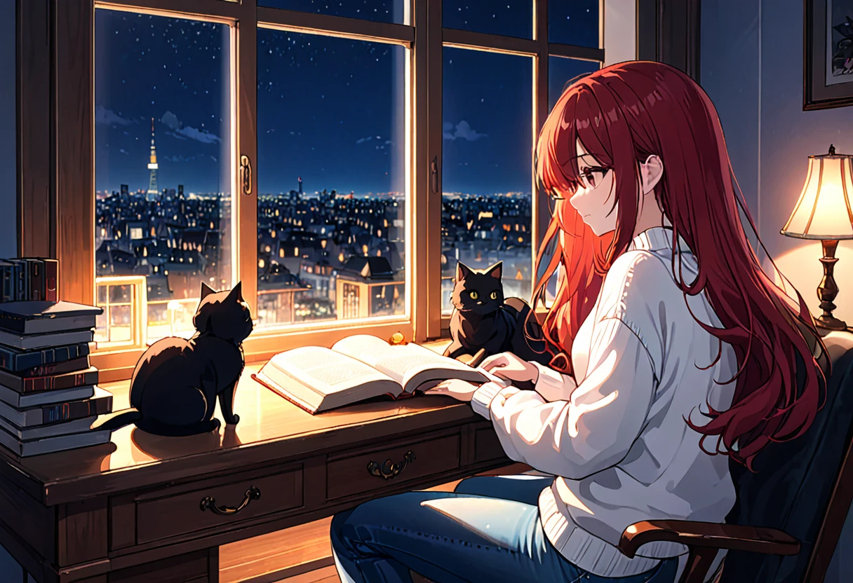 (Masterpiece)A beautiful girl, red hair, long hair, white sweater, blue jeans, sitting at a desk, reading book, black furry cat sitting on the desk, window beside girl, night, side angle shot, warm lighting, 4k, 8k, ultra hd, anime style