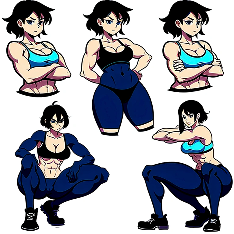 1girl,squatting,legs spread apart, front view, bike shorts, sports bra, sprite sheet, consistency, looking at viewer, lineart, monochrome, muscular abs girl, (thin waist), ((curvy)), ((wide hips)), short black hair, sexy, muscular thighs, full body