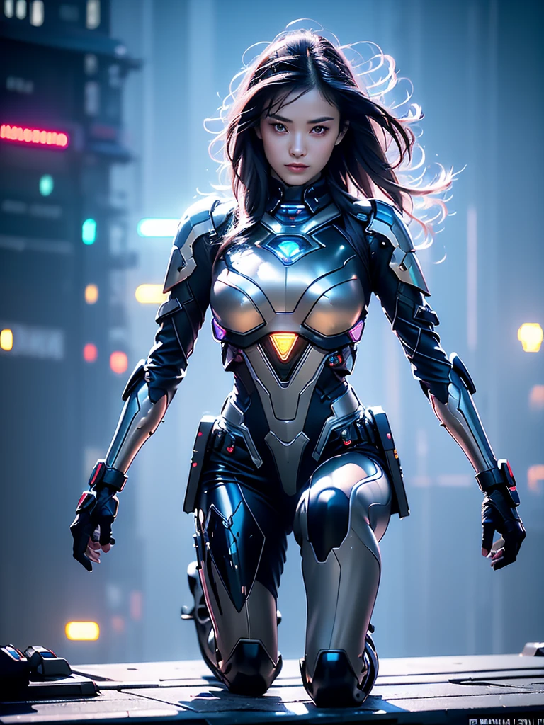 In the neon-lit night city, standing on the rooftop of a high-rise building, around 18 years old, with platinum medium-length straight hair swaying in the wind. Rendered in a realistic cyberpunk style, she was wearing a power suit rich with mechanical details. The power suit was designed with advanced technology, featuring intricate mechanical parts on her arms and legs, and a glowing emblem on her chest.

Her pose was active and ready for combat, with one knee bent, one hand thrust forward, and the other hand clenched into a fist. Her expression was filled with determination, and her eyes, staring straight ahead, radiated a strong sense of resolve. In the distant sky, drones were flying, and the entire city was bathed in a futuristic glow. The perspective was slightly elevated, looking down on her, emphasizing her strength and determination.