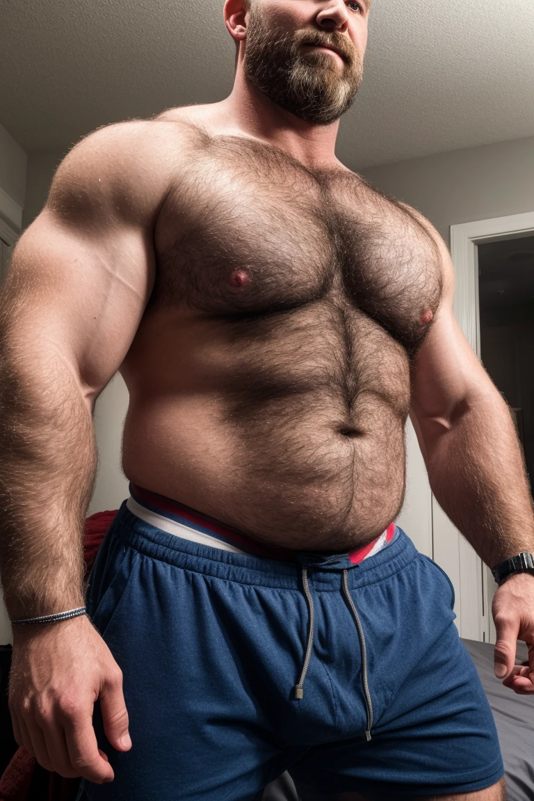 8K HDR Very Realistic Real Very Detailed High Quality 8K HDR Very Realistic 46 year old daddy rugged bodybuilder muscle bears man, 8KHDR very realistic detailed hairy, 8KHDR very realistic beared big daddy muscle bear, and 8KHDR very realistic detailed rugged burly man in shorts. 8KHDR Very Realistic legs, 8KHDR very realistic hair, 8KHDR very realistic beards, 8KHDR very realistic thick chubby fat neck, 8KHDR very realistic neck lines, 8KHDR very realistic detailed neck, 8KHDR very realistic belly, 8KHDR very realistic burly chest, 8KHDR very realistic detailed hairy burly strong chest and arms, 8KHDR very realistic detailed hairy burly strong chest and arms, 8KHDR very realistic pecs, 8KHDR very realistic burly muscle bear body, 8KHDR very realistic nipples, 8KHDR very realistic burly muscle bear body, 8KHDR very realistic face, 8KHDR very realistic detailed face, 8KHDR very realistic eyes, 8KHDR very realistic detailed eyes, 8KHDR very realistic pupils, 8KHDR very realistic detailed pupils, 8KHDR very realistic head, 8KHDR very realistic waist, 8KHDR very realistic facial features, 8KHDR very realistic burly arms, 8KHDR very realistic elbows, 8KHDR very realistic hands, 8KHDR very realistic pecs, 8KHDR very realistic belly, 8KHDR very realistic human man body, 8K HDR very realistic bellybutton, 8KHDR very realistic wrists, 8KHDR very realistic fingers, 8KHDR very realistic fingernails, 8KHDR very realistic shoulders, 8KHDR very realistic mouth, 8KHDR very realistic lips, 8KHDR very realistic mens clothing, 8KHDR very realistic detailed mens clothing. 8KHDR Very Realistic Hairy Bearded Burly Muscle bear Photoshoot, 8KHDR A very realistic burly muscle bear man in a bedroom, 8KHDR Very Realistic Intricately Detailed, 8KHDR very realistic detailed bedroom surroundings, 8KHDR very realistic surroundings lighting, No Deformities, captured with a 85mm lens, 8K HDR Very Realistic, 8K HDR Clear HDR Quality full with very realistic real details