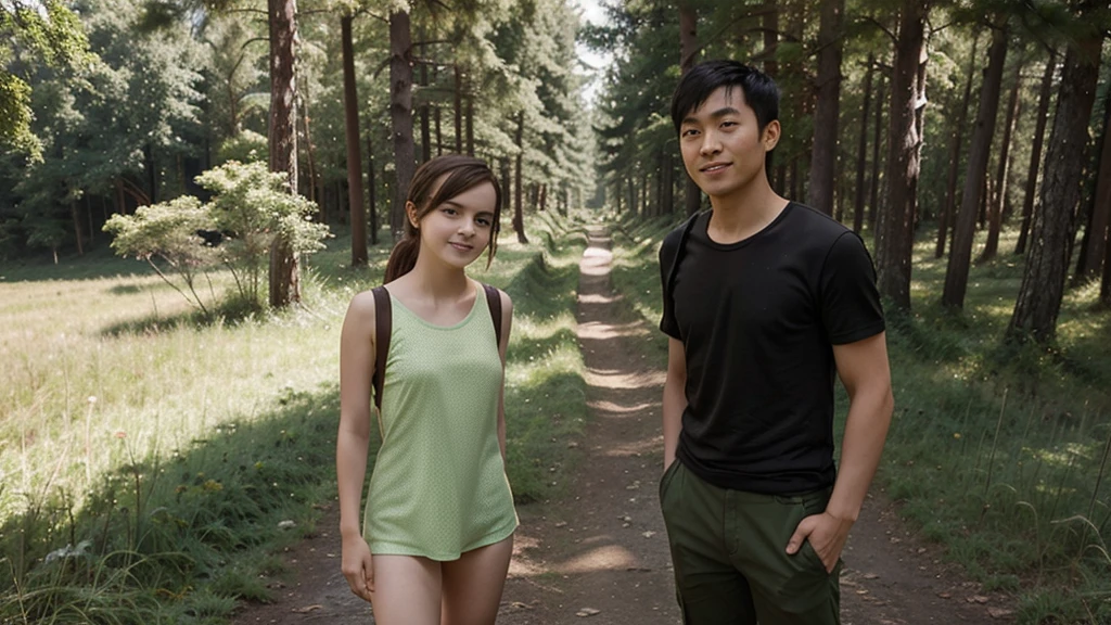 Emma Watson and a young Adult Chinese male in full body shot is standing in the forest smiling with road and grass at the land and looking at the camera. They are wearing hiking clothes
